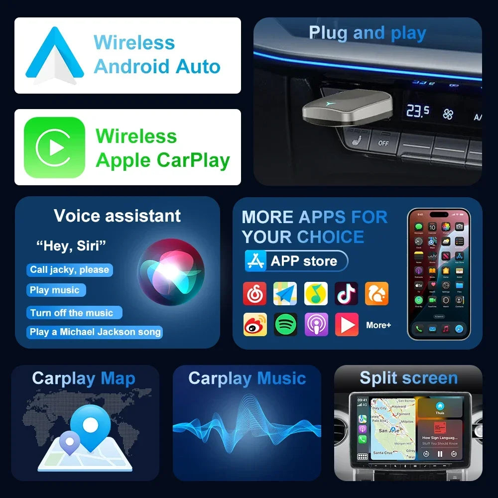 2026 Adattatore wireless CarPlay Android Auto, accoppiamento rapido, connessione rapida